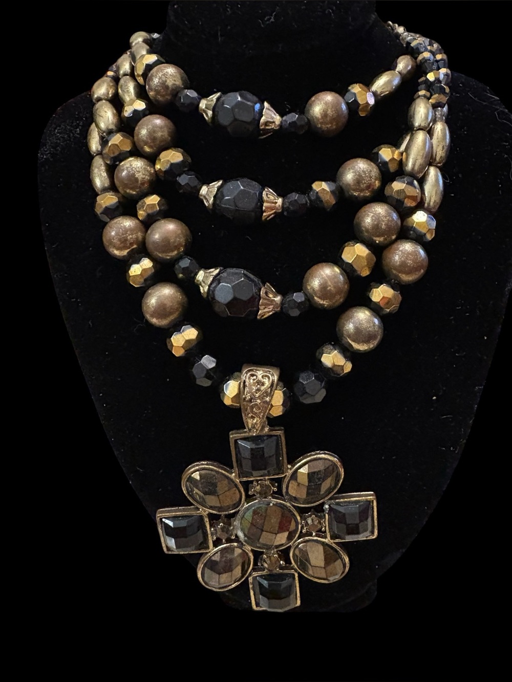 Vintage Glass and Beaded 4 Strand Necklace - With Medalian- 18”